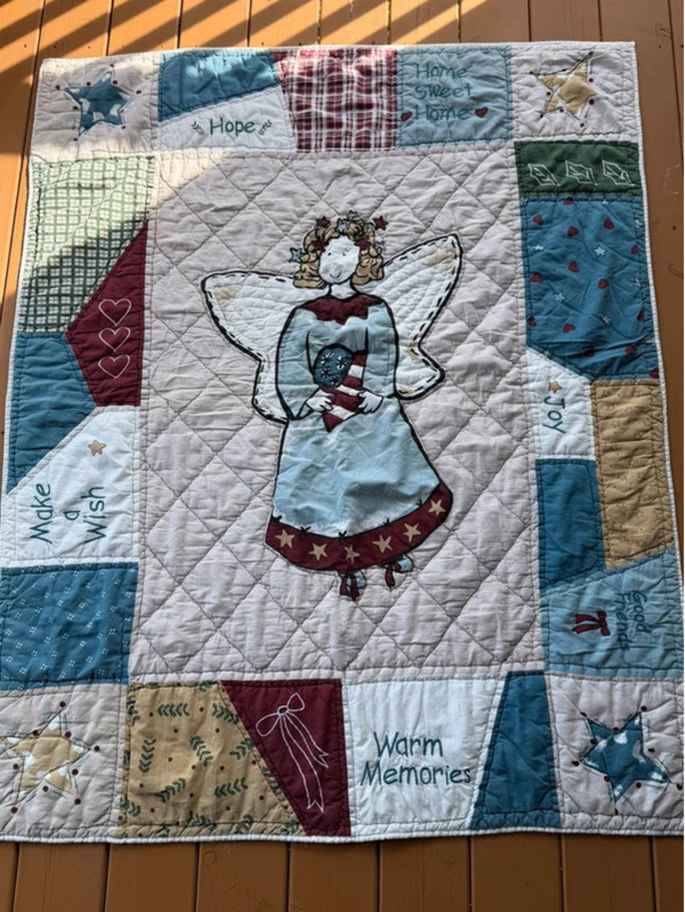 Vintage Handmade Folk Art Angel Patchwork Quilt Lap Throw Blanket Cottagecore